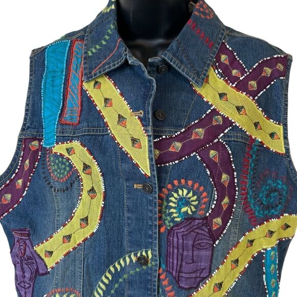 Vintage Chicos Patchwork Denim Embroidered Beaded Sequin Colorful Abstract Vest - Picture 2 of 11